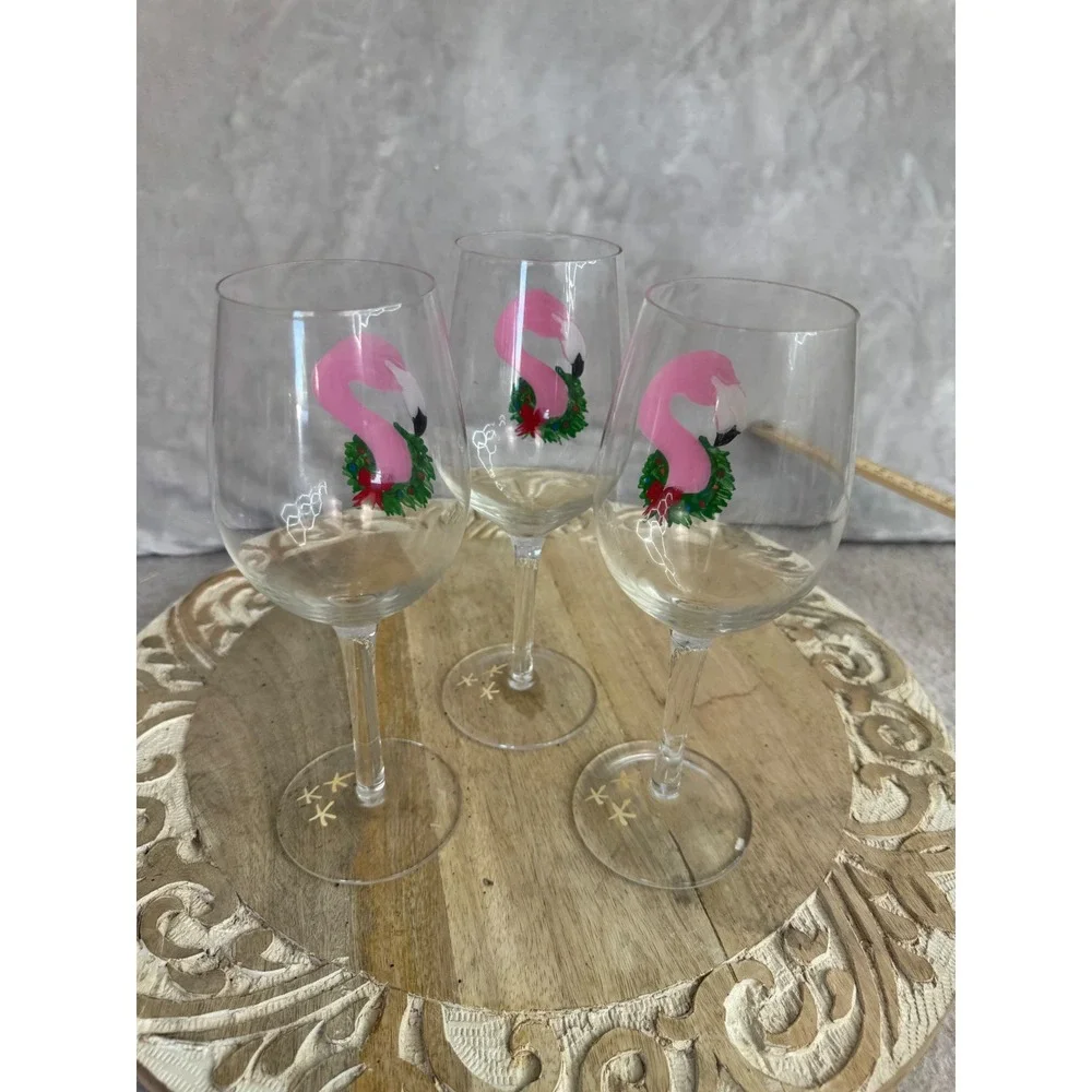 Pink Flamingo Christmas Wreath Hand Painted Glasses Set of 3 Tropical Holiday‎